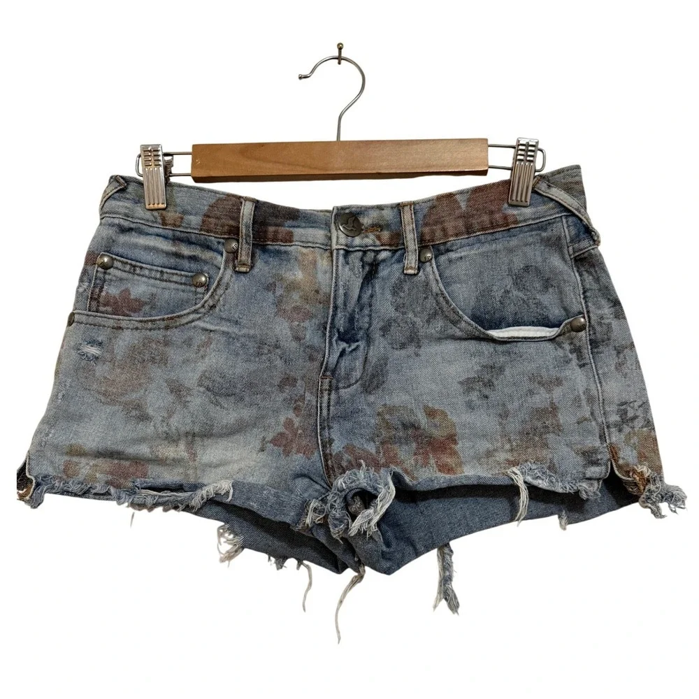 Free People Women Denim Shorts 27 Blue Floral Distressed Cut Off Boho Festival